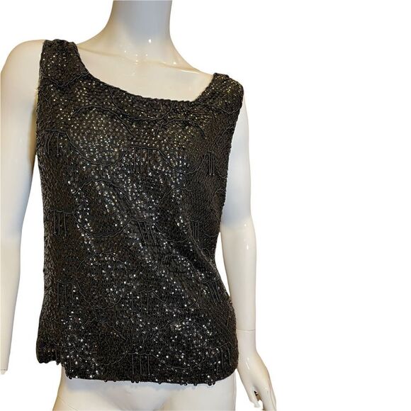 Vintage 1960s Black Sequined Crystal Embellishments Scalloped Formal Party Top M - Picture 10 of 17